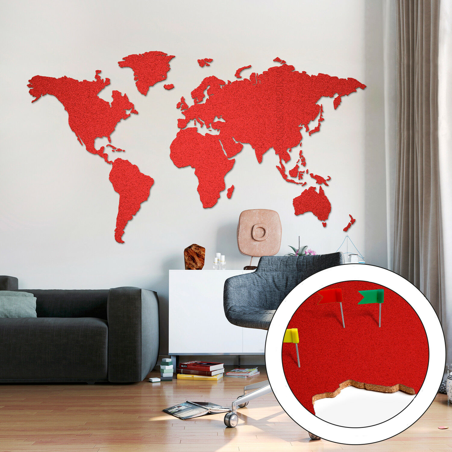 Wereldkaart Groot Rood 200 x 105 cm Kurk-Winkel